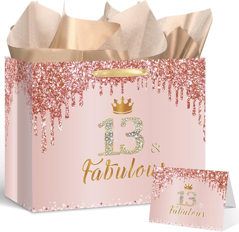 Yoirrat Rose Gold 13 & Fabulous 13th Birthday Gift Bag for Girls Large Pink Happy 13th Birthday Gift Bag with Wrapping Paper and Card for Teenager Thirteenth Bday Decorations Party Supplies - Image 1
